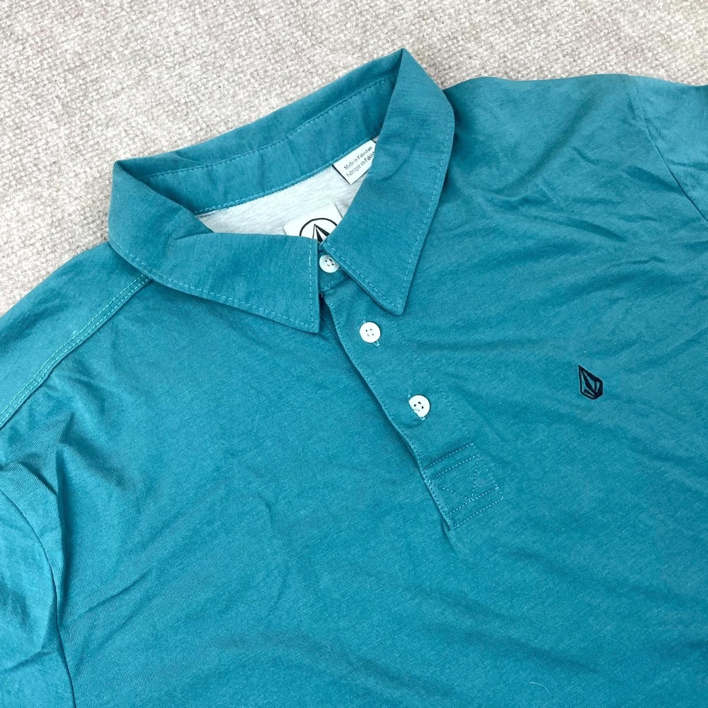 Volcom Polo Shirt Mens Large Teal Performance Stretch Short Sleeve Collared